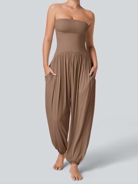 NWOT! HALARA Strapless Smocked Waist Harem Jumpsuit in Brown